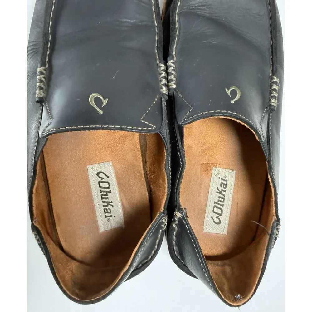 OluKai Moloa Men's 8 Black Toffee Leather Slip On Loafers 10128-4033
